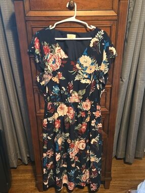 LOFT Navy Floral Midi Dress with Flutter Sleeves